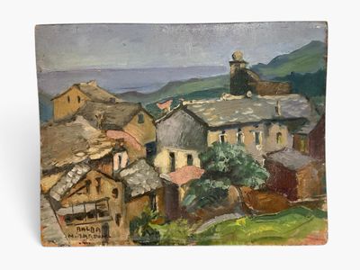 an oil painting of a village with a church on top of a hill