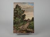 une peinture à l'huile représentant un chemin de terre bordé d'arbres, avec une grange au loin
