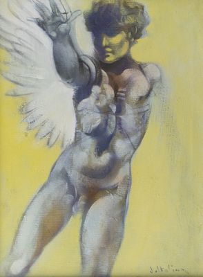 une peinture à l'huile représentant un homme nu ailé sur fond jaune