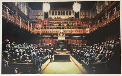 an image of a painting of a large group of people sitting in a room