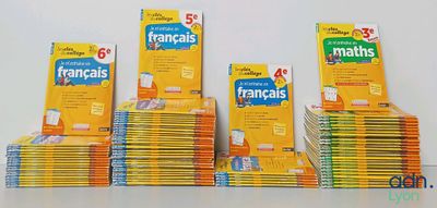 plusieurs cartons de livres en français empilés les uns sur les autres
