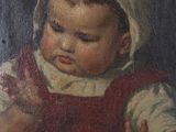 a painting of a little girl holding a plate of food