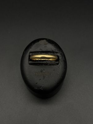 un gros plan sur un bouton noir orné d'un anneau doré