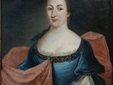portrait of a lady in a blue dress with a pink shawl