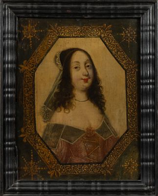 a painting of a woman wearing a veil in a black frame