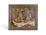 un tableau représentant des oranges et un pichet posés sur une table