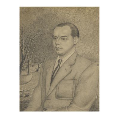 drawing of a man in a suit and tie sitting in a park