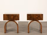 pair of walnut and marble side tables with curved legs