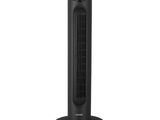 un ventilateur colonne noir posé sur un pied noir