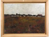 an image of a painting of a field with houses in the distance