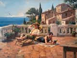 un tableau représentant un homme et une femme assis sur une terrasse