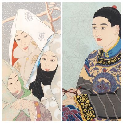 deux tableaux représentant des femmes asiatiques en costume traditionnel, dont l'une tient un éventail