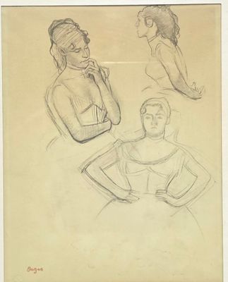 trois croquis représentant une femme et un homme assis face à face