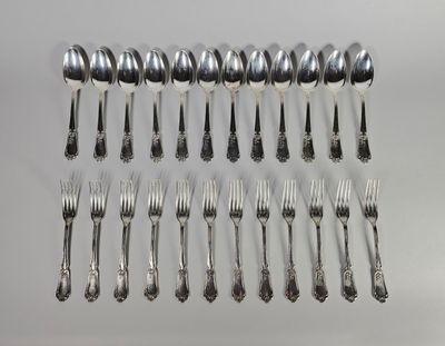 de nombreuses fourchettes et cuillères disposées en rangée
