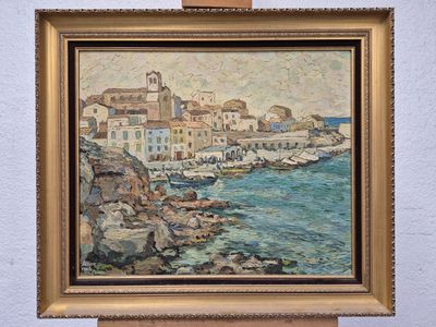 une image d'une peinture d'une ville au bord de l'eau