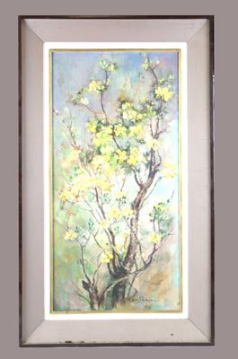 un tableau représentant un arbre aux fleurs jaunes, dans un cadre blanc