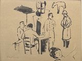 dessin d'un groupe de personnes assises autour d'une table dans une pièce