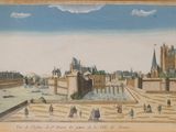 dessin représentant une vue d'une ville avec un château en arrière-plan
