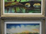 two paintings of a bridge over a river in a forest