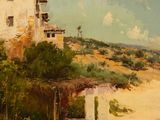 an oil painting of a house on a hill near a body of water