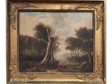 an image of a painting of a wooded landscape with a man on a horse by a tree