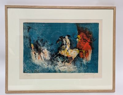 painting of a man riding a horse in the water with a red umbrella