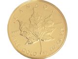 pièce d'or canadienne représentant une feuille d'érable sur fond blanc