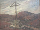 une peinture représentant une croix sur une colline, avec le ciel en arrière-plan