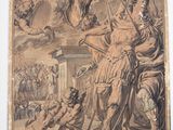 un vieux dessin représentant un homme à cheval avec une femme à cheval
