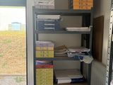 un chat assis par terre devant une bibliothèque