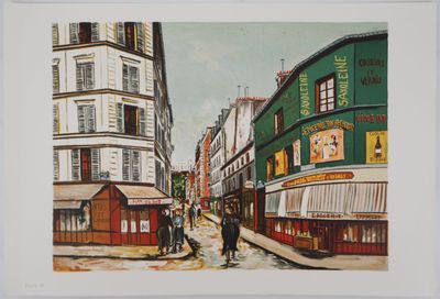 une peinture d'une rue de la ville avec des gens qui y marchent