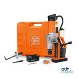 an orange tool kit with a hammer, drill and other tools
