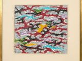 une image représentant un tableau d'un oiseau jaune sur fond rouge et noir