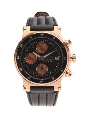 a close up of a black and gold watch on a white background
