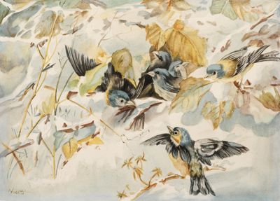 tableau représentant un groupe d'oiseaux perchés sur une branche dans la neige