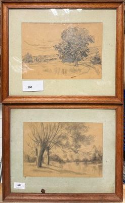 deux dessins encadrés représentant des arbres dans un champ, l'un représentant un arbre et l'autre un champ