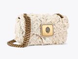 a close up of a handbag with a chain on a white background