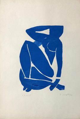 a blue and white drawing of a person sitting on a chair