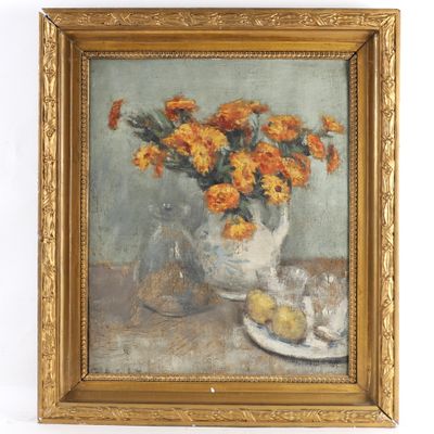 tableau représentant des fleurs dans un vase et une assiette de fruits posée sur une table