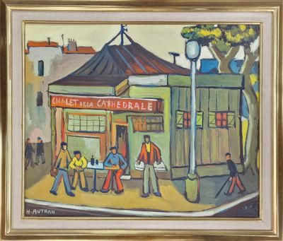 an oil painting of a group of people walking down a street