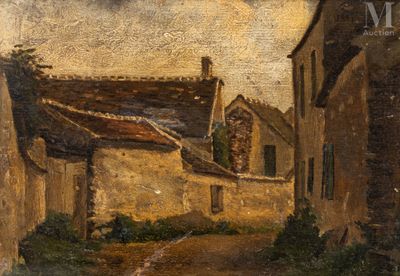 an oil painting of a street with a building and a tree in the foreground