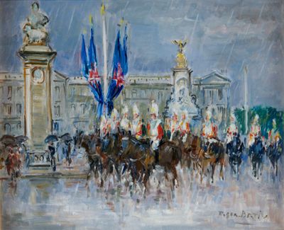 tableau représentant un groupe de personnes à cheval devant un bâtiment