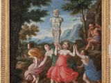 an image of a painting of a group of people dancing around a statue