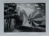 a black and white drawing of a kite and a tree