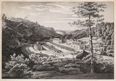 dessin représentant une vue d'un palais avec un jardin au premier plan et des arbres au premier plan