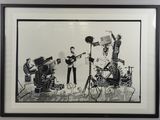 black and white drawing of a group of musicians on stage