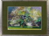 an oil painting of a tree in a field with a house in the background