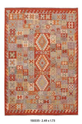 Kilim Afghan en laine couleur rouge orangé , beige 249 x 173
