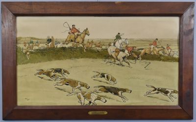 tableau représentant un groupe d'hommes à cheval accompagnés de chiens dans un champ