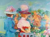 tableau représentant deux femmes debout devant un tableau représentant des fleurs